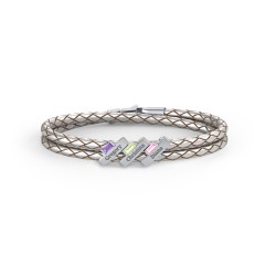 Engravable Sterling Silver Bar & Baguette Leather Bracelet - 3 – Sterling Silver with Amethyst, Peridot, and Pink Tourmaline