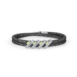 Engravable Sterling Silver Bar & Baguette Leather Bracelet - 4 in 925 Sterling Silver with Peridot