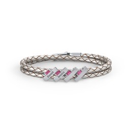Engravable Sterling Silver Bar & Baguette Leather Bracelet - 4