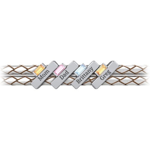 Engravable Sterling Silver Bar & Baguette Leather Bracelet - 4