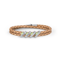 Engravable Sterling Silver Bar & Baguette Leather Bracelet - 4 in 925 Sterling Silver with Peridot