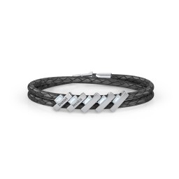 Engravable Sterling Silver Bar & Baguette Leather Bracelet - 5 in 925 Sterling Silver with Aquamarine