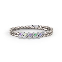 Engravable Sterling Silver Bar & Baguette Leather Bracelet - 5