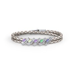 Engravable Sterling Silver Bar & Baguette Leather Bracelet - 5