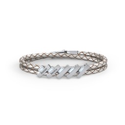 Engravable Sterling Silver Bar & Baguette Leather Bracelet - 5 in 925 Sterling Silver with Aquamarine