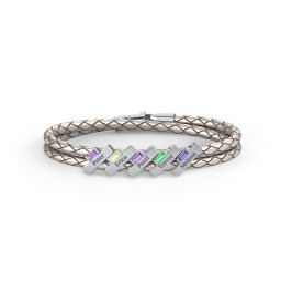 Engravable Sterling Silver Bar & Baguette Leather Bracelet - 5 in 925 Sterling Silver with Amethyst, Peridot, Emerald, and Blue Sapphire