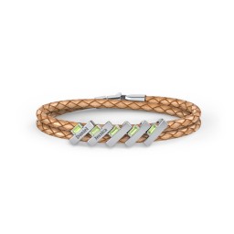 Engravable Sterling Silver Bar & Baguette Leather Bracelet - 5