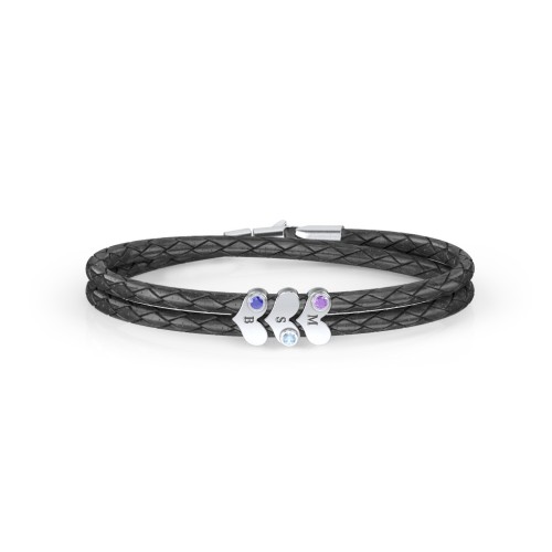Engravable Sterling Silver Gemstone Heart Leather Bracelet - 3 – Sterling Silver with Amethyst, Blue Topaz, and Blue Sapphire