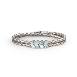 Engravable Sterling Silver Gemstone Heart Leather Bracelet - 4 in 925 Sterling Silver with Emerald