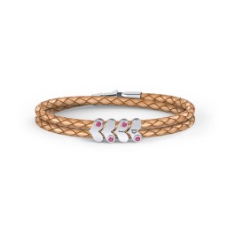 Engravable Sterling Silver Gemstone Heart Leather Bracelet - 4 in 925 Sterling Silver with Ruby