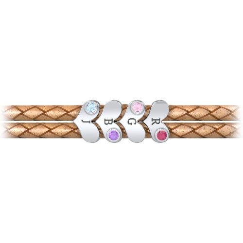 Engravable Sterling Silver Gemstone Heart Leather Bracelet - 4 – Sterling Silver with Ruby, Pink Tourmaline, Amethyst, and Blue Topaz