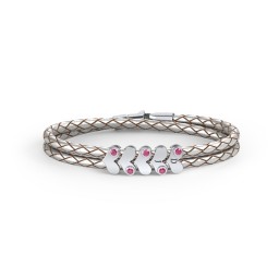 Engravable Sterling Silver Gemstone Heart Leather Bracelet - 5 in 925 Sterling Silver with Ruby