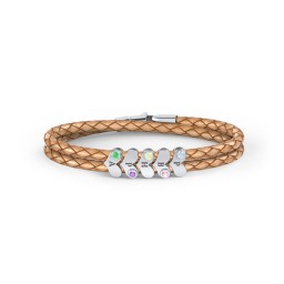 Engravable Sterling Silver Gemstone Heart Leather Bracelet - 5 in 925 Sterling Silver with Blue Topaz, Pink Tourmaline, Fancy Yellow Premium Zirconia, Amethyst, and Green Premium Zirconia