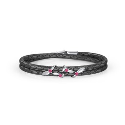 Sterling Silver Ivy & Gemstone Leather Bracelet in 925 Sterling Silver with Ruby