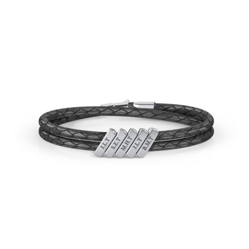 Engravable Sterling Silver Bar Leather Bracelet - 5