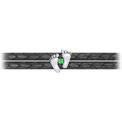 Sterling Silver Baby Feet Leather Bracelet With Birthstone – Sterling Silver with Emerald