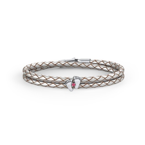 Sterling Silver Baby Feet Leather Bracelet With Birthstone – Sterling Silver with Ruby