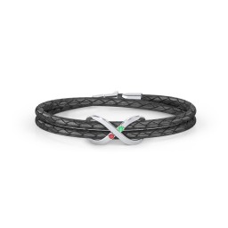 Sterling Silver Infinity Leather Bracelet with Gemstones in 925 Sterling Silver with Garnet and Emerald