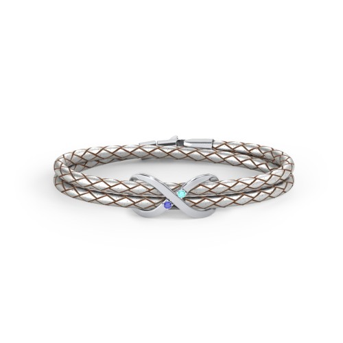 Sterling Silver Infinity Leather Bracelet with Gemstones – Sterling Silver with Blue Sapphire and Mint Premium Zirconia
