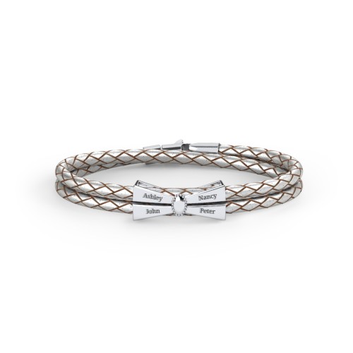 Engravable Sterling Silver Bow Tie Leather Bracelet