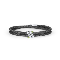 Engravable Sterling Silver Diagonal Bar Leather Bracelet with Gemstones
