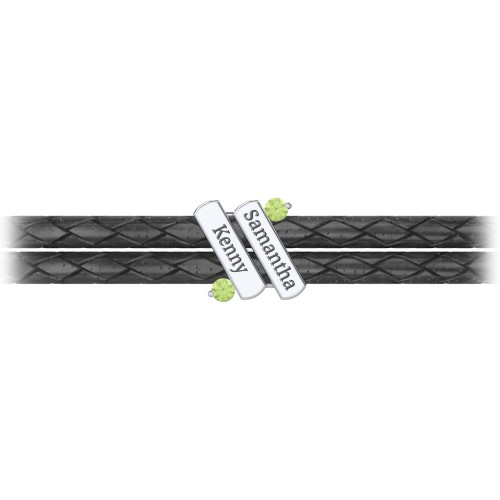 Engravable Sterling Silver Diagonal Bar Leather Bracelet with Gemstones