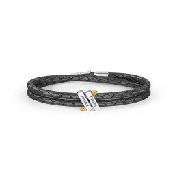 Engravable Sterling Silver Diagonal Bar Leather Bracelet with Gemstones in 925 Sterling Silver with Citrine