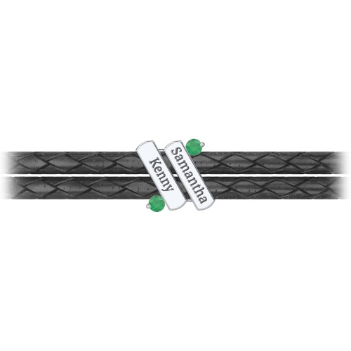 Engravable Sterling Silver Diagonal Bar Leather Bracelet with Gemstones – Sterling Silver with Emerald