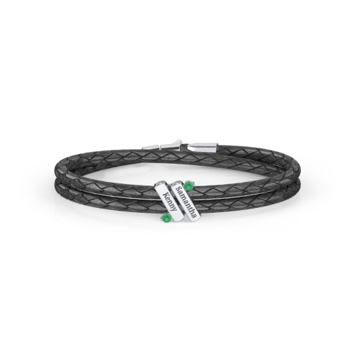 Engravable Sterling Silver Diagonal Bar Leather Bracelet with Gemstones – Sterling Silver with Emerald