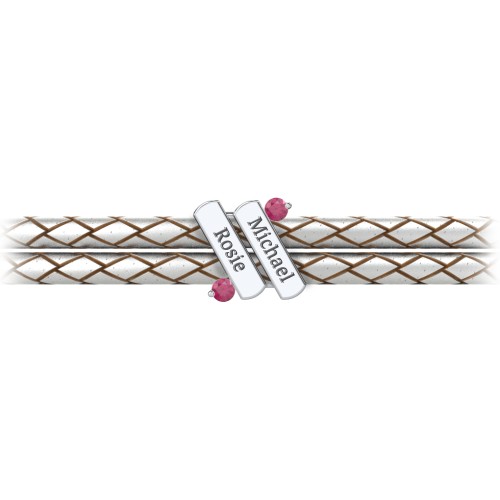 Engravable Sterling Silver Diagonal Bar Leather Bracelet with Gemstones – Sterling Silver with Ruby