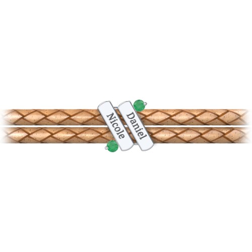 Engravable Sterling Silver Diagonal Bar Leather Bracelet with Gemstones – Sterling Silver with Emerald