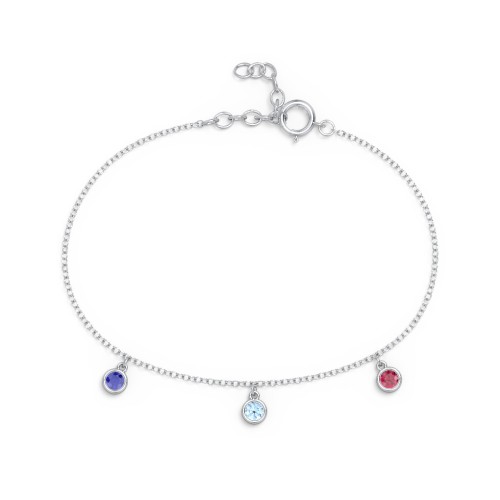 Bezel Set Gemstone Drop Bracelet - 3 Stone – Sterling Silver with Blue Sapphire, Blue Topaz, and Ruby