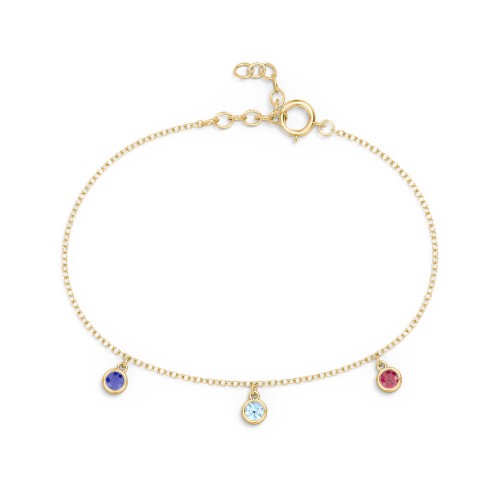 Bezel Set Gemstone Drop Bracelet - 3 Stone – 10K Yellow Gold with Blue Sapphire, Blue Topaz, and Ruby