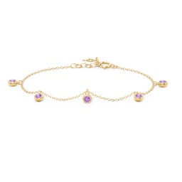 Bezel Set Gemstone Drop Bracelet - 5 Stone in 18K Gold Plated Silver with Amethyst