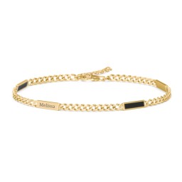 Engravable Bar Open Curb Bracelet with Black Enamel Bars in 18K Gold Plated Silver
