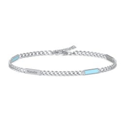 Engravable Bar Open Curb Bracelet with Blue Enamel Bars