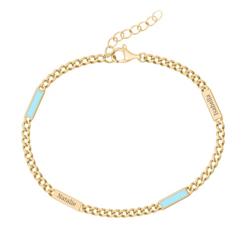Engravable Bar Open Curb Bracelet with Blue Enamel Bars – 18K Gold Plated Silver