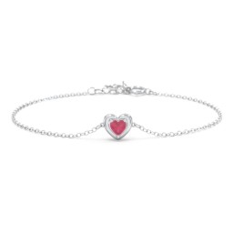 Puffy Heart Birthstone Bracelet in 925 Sterling Silver with Ruby