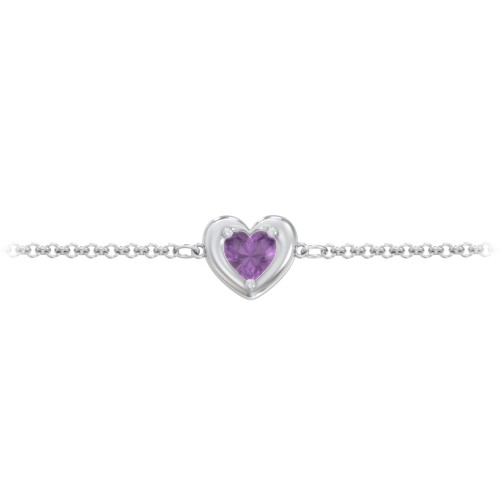 Puffy Heart Birthstone Bracelet – Sterling Silver with Amethyst