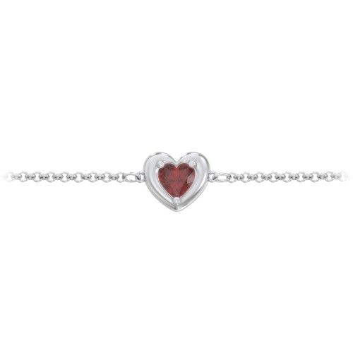Puffy Heart Birthstone Bracelet – Sterling Silver with Garnet