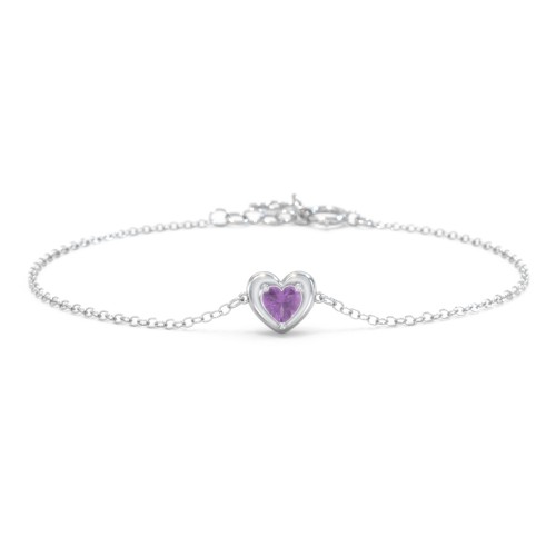 Puffy Heart Birthstone Bracelet – Sterling Silver with Amethyst