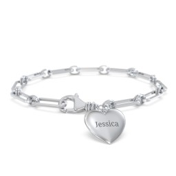 Engravable 7" Puffy Heart Paper Clip Chain Bracelet in 925 Sterling Silver