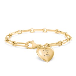 Engravable 7" Puffy Heart Paper Clip Chain Bracelet in 18K Gold Plated Silver