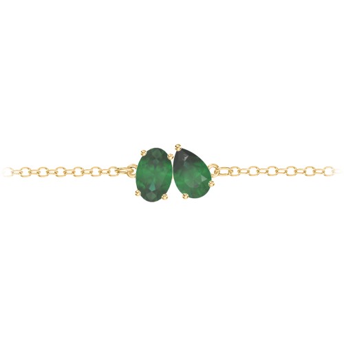 Toi et Moi Oval and Pear Gemstone Bracelet – 18K Gold Plated Silver with Emerald