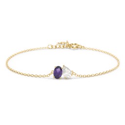 Toi et Moi Oval and Pear Gemstone Bracelet in 10K Solid Yellow Gold with Amethyst and Cubic Zirconia