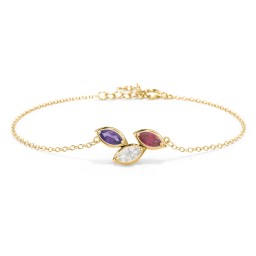 3 Marquise Birthstone Leaf Bracelet in 10K Solid Yellow Gold with Amethyst, Cubic Zirconia, and Ruby