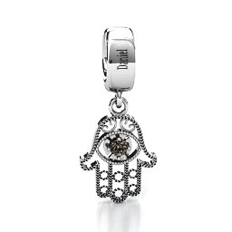 Protection Hamsa Bracelet Charm in 925 Sterling Silver with Smokey Quartz