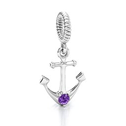 Anchor With Round Stone Bracelet Charm in 925 Sterling Silver with Amethyst, Cubic Zirconia, Emerald, Citrine, and Pink Tourmaline