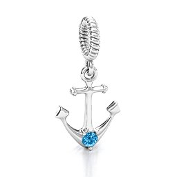 Anchor With Round Stone Bracelet Charm in 925 Sterling Silver with Blue Topaz, Cubic Zirconia, Emerald, Citrine, and Pink Tourmaline