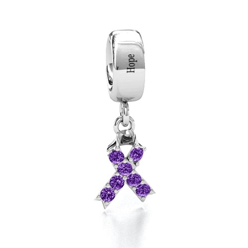 Awareness Ribbon Bracelet Charm – Sterling Silver with Amethyst